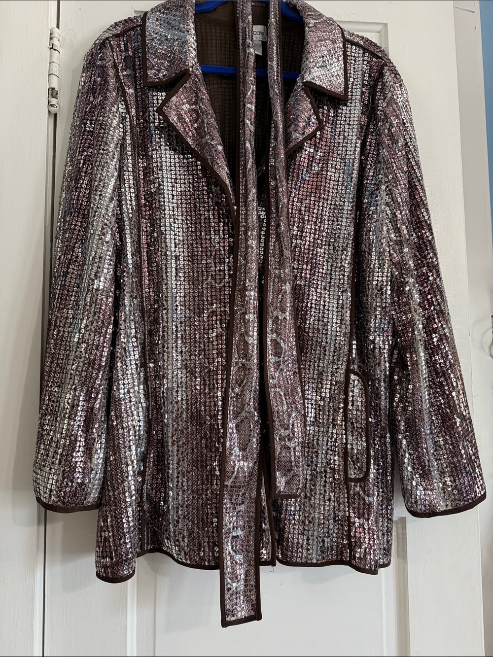 Chico's Shimmering Brown Subtle Leopard Print Metallic Sequin Blazer, size 3